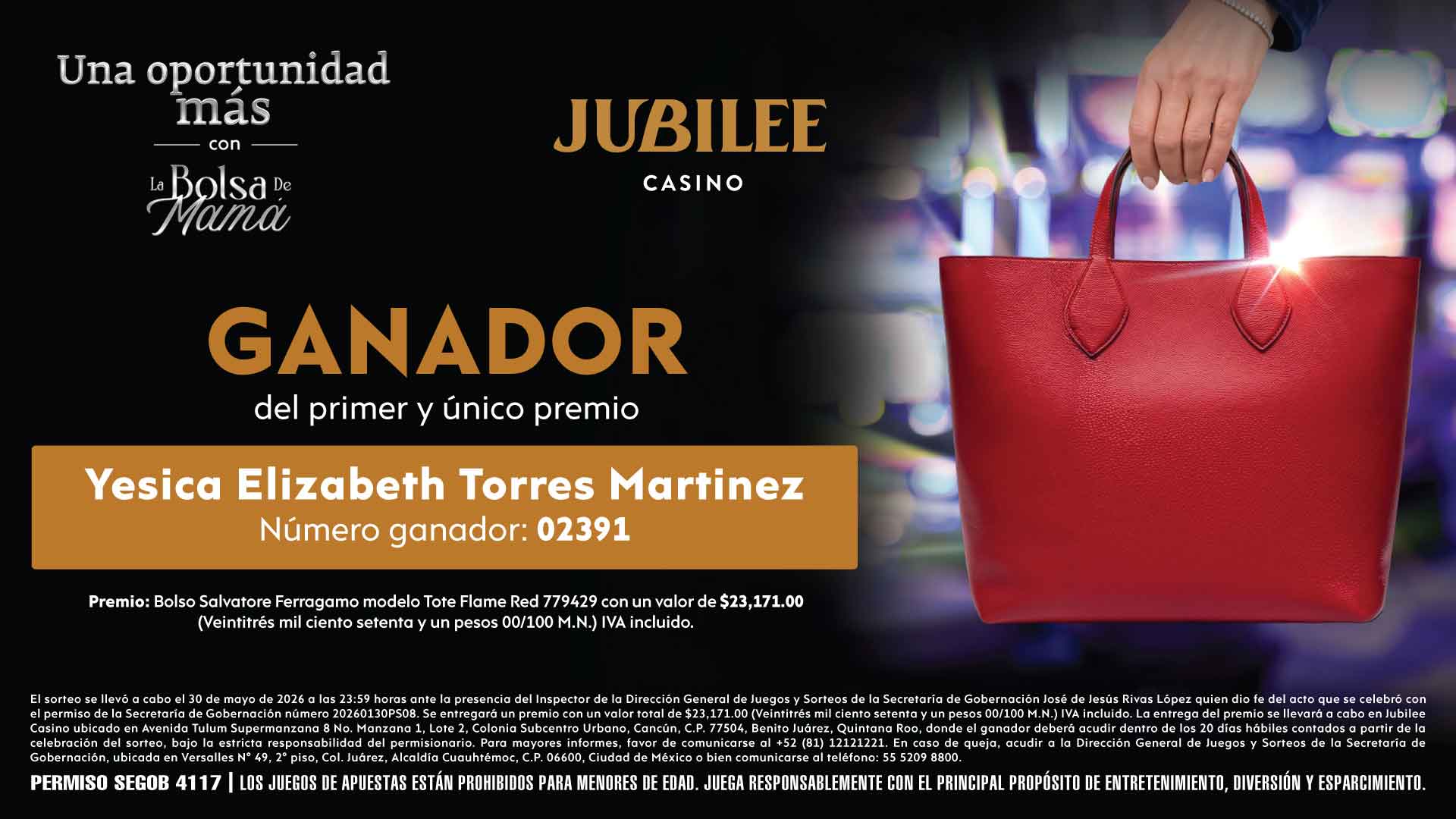Ganador Sorteo Mayo UNA OPORTUNIDAD MÁS CON LA BOLSA DE MAMÁ